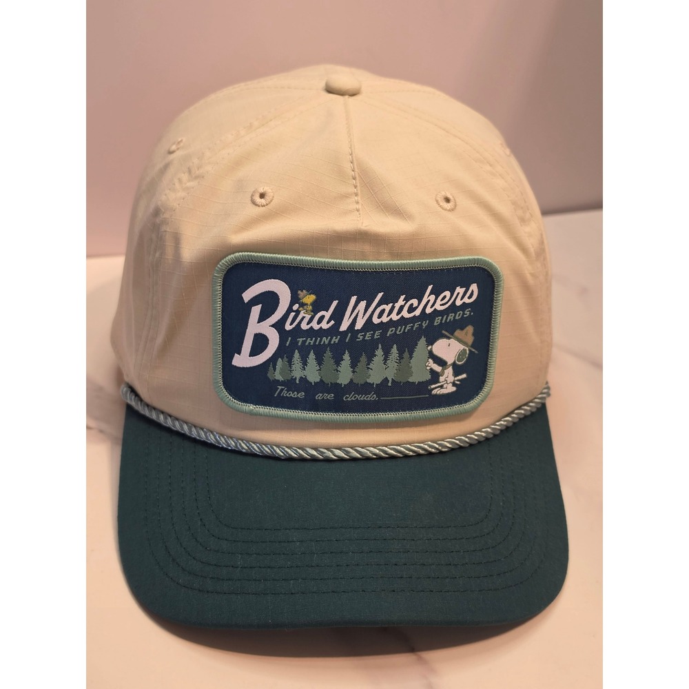 Peanuts Snoopy Bird Watchers Ripstop Snapback Hat Tan Green Rope Trucker Cap